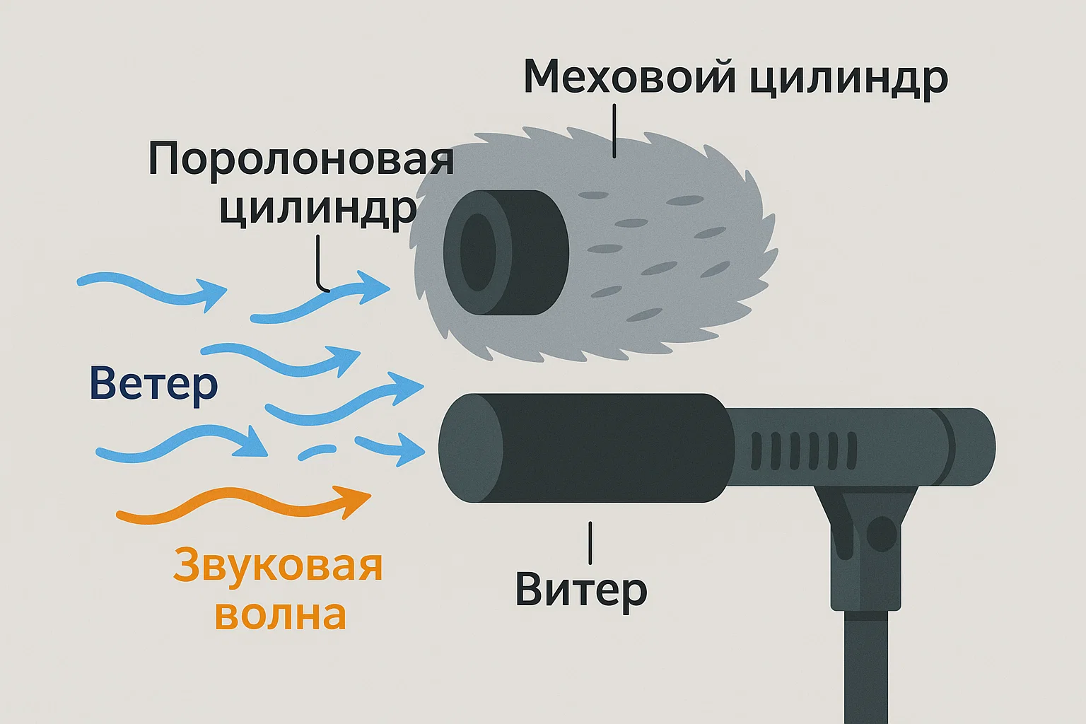 Схема ветрозащиты: внутренний слой поролона, внешний — мех, стрелками показано, как воздух рассеивается, а звуковая волна микрофона остаётся неизменной.