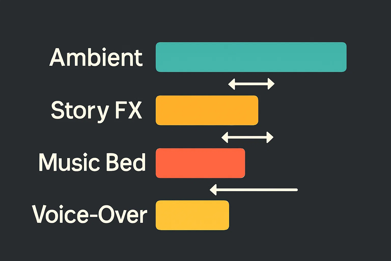 Инфографика: четыре горизонтальных слоя звука — Ambient, Story FX, Music Bed, Voice‑Over. Каждый слой подписан и соединён стрелками, показывающими баланс и громкость.